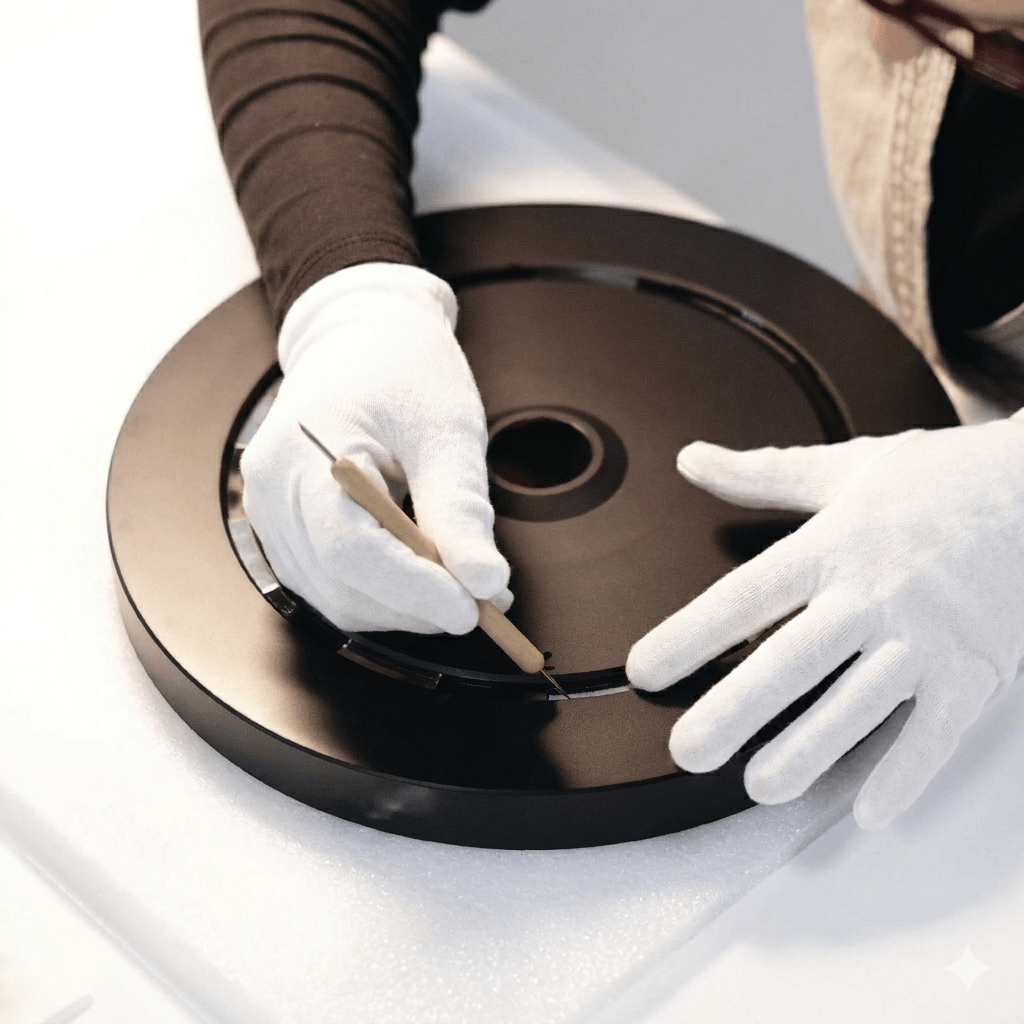 White-gloved hands calibrating the MAG-LEV Audio ML1 platter during the craftsmanship process.